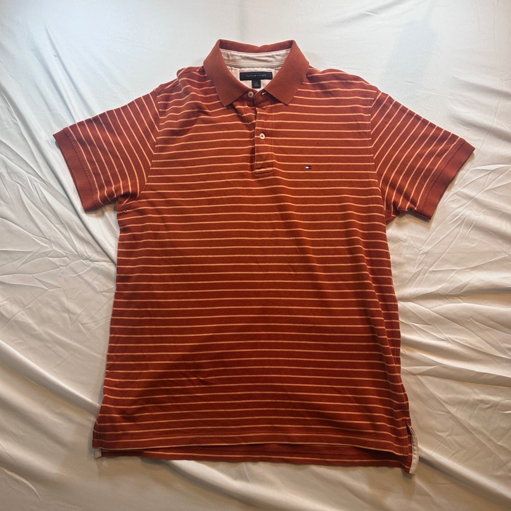 Tommy Hilfiger Mens Burnt Orange Striped Short Sleeve Polo Shirt Large